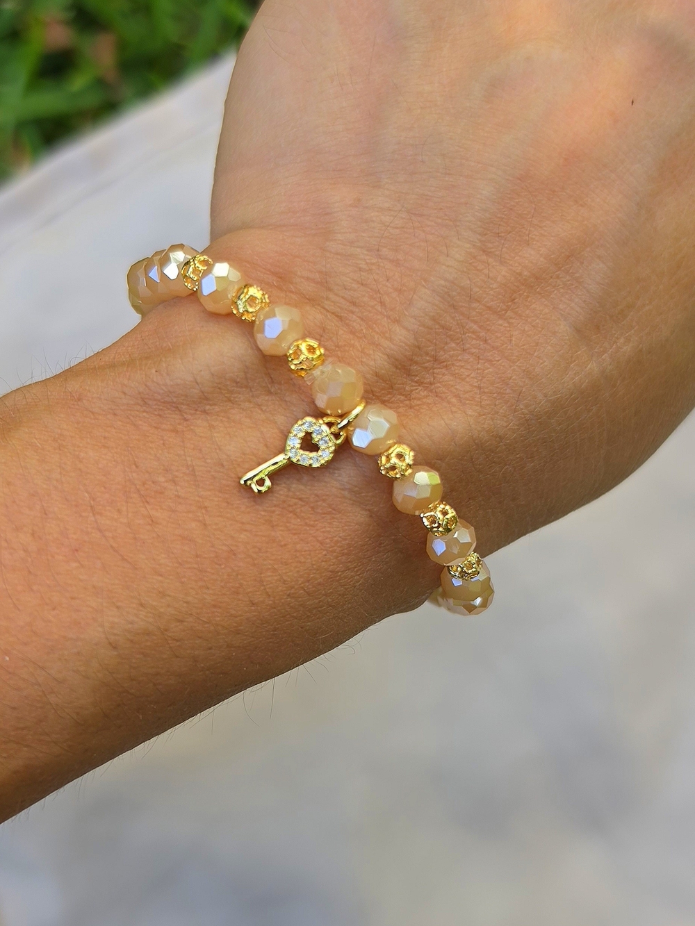 Gold-Key Beige Crystal Beaded Bracelet
